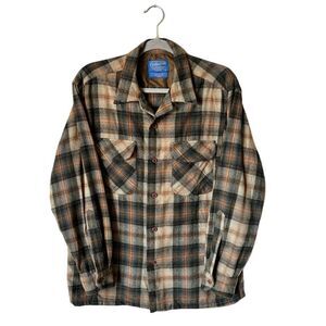 Pendleton 50s Board Wool Dress Green Brown Shirt Plaid Size M
